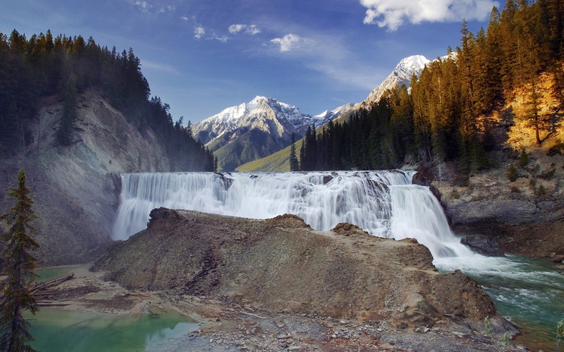 sky, rock, environment, landscape, no people, waterfall, nature, flowing water, tree, outdoors, Canada, water, mountains, plant, national park, forest