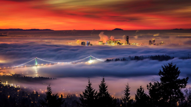 1080P, north america, orange color, nature, red sky, architecture, sky, tranquil scene, dramatic sky, scenics - nature, tree, canada, misty, environment