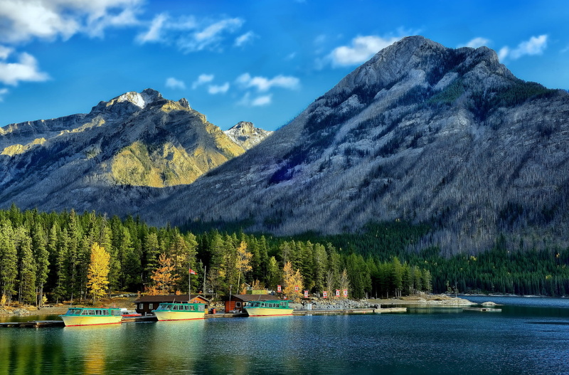 no people, Canadian Rockies, nature, water, transportation, waterfront, mode of transportation, nautical vessel, forest, lake, 1080P, plant, mountain range