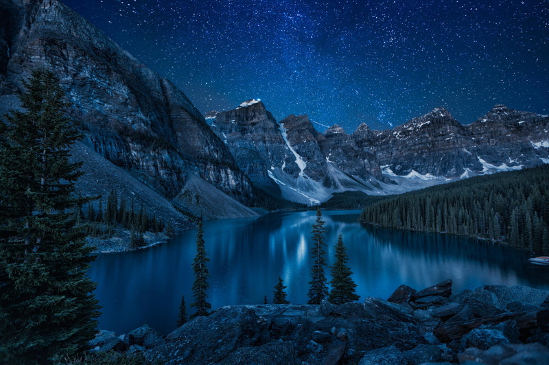 banff National Park, night, wilderness Area, astronomy, mountains, snowcapped mountain, space, lake, green, beauty In Nature, nature, pine tree, river