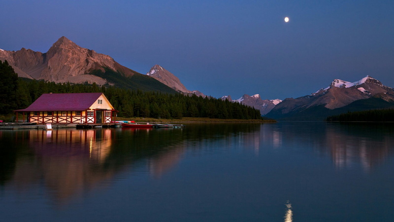scenics - nature, 1080P, snowcapped mountain, no people, canadian rockies, maligne lake, architecture, reflection, alberta, beauty in nature, mountain range