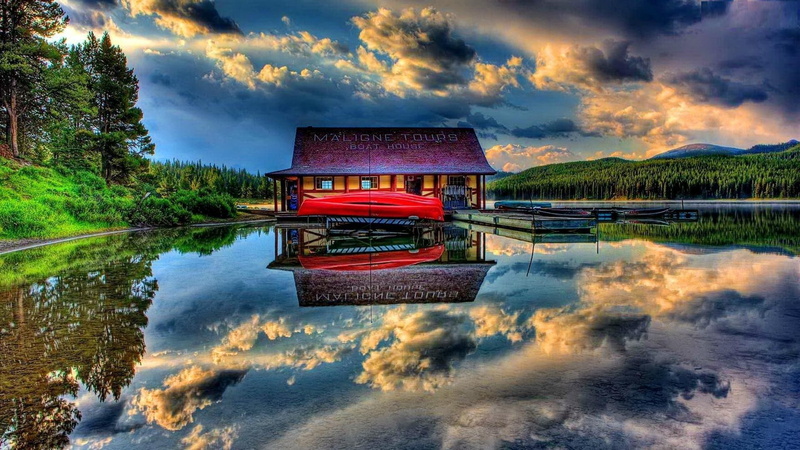 reflection, maligne, 1080P, landscape, painting, water, park, jasper, boats, house, lake, clouds, national, nature