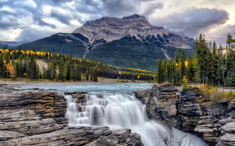 athabasca, Athabasca Falls, Athabasca River, falls, 1080P, Alberta, autumn, Canada