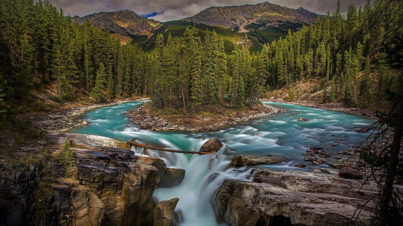 Earth, Waterfall, 1080P, Waterfalls, Mountain, Forest, Canada, River, Sunwapta Falls, Jasper National Park