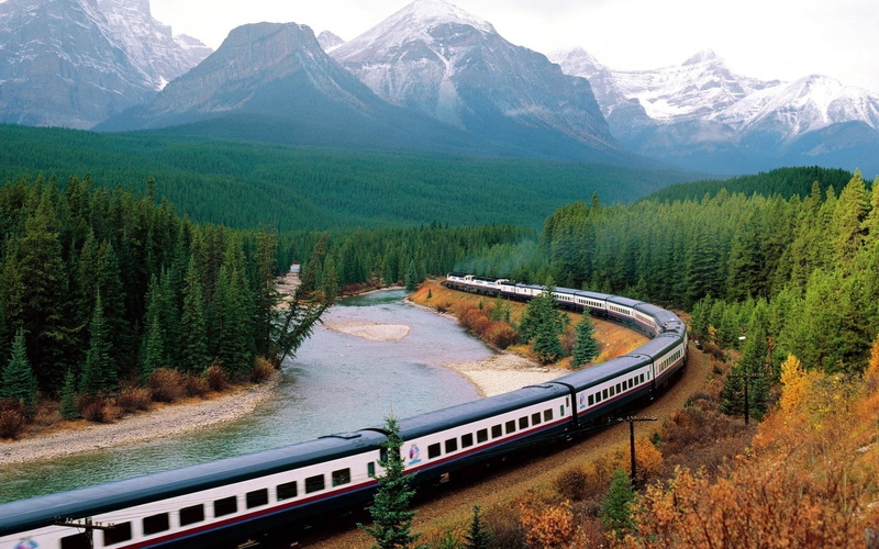 connection, bridge, landscape, plant, lake, canada, day, train, mountain, banff National Park, blue, autumn, 1080P, outdoors, scenics, forest, canadian Rockies