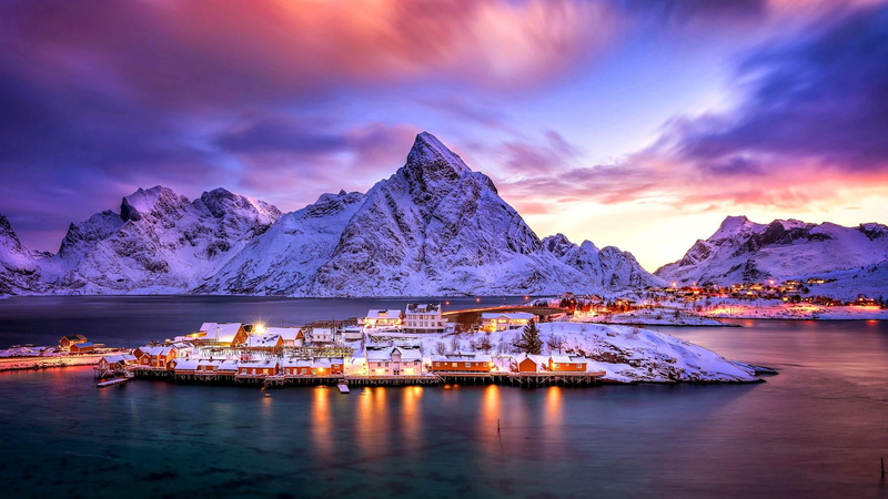 no people, mountain range, cloud - sky, beauty in nature, mountain peak, sea, 1080P, sky, cold temperature, mountain, lofoten islands, nature, sunset