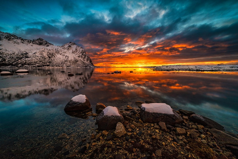 photography, sky, Lofoten Islands, clouds, Norway, winter, landscape, sunlight, nature, sunset, sea, coast, snow, mountains, 480P