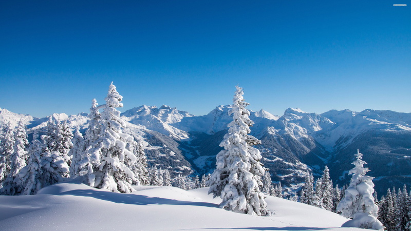 cold temperature, 4K, tranquility, white color, snowy, rocks, clear sky, scenery, day, outdoors, season, trees, mountains, nature, clouds, cold, environment