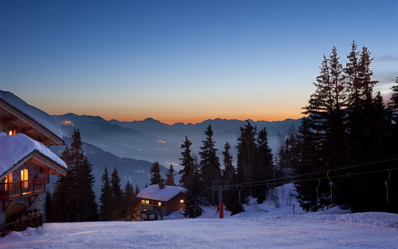 photography, winter, 2K, trees, ski lift, snow, ski lifts, dusk, nature, landscape, house