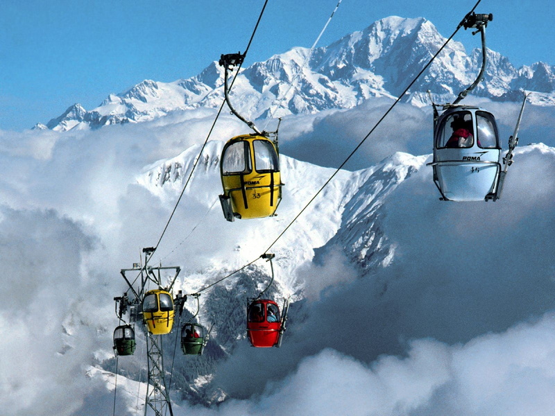 day, mountains, snowcapped mountain, mode of transportation, transportation, ski lift, nature, 720P, mountain, ski lifts, hanging, clouds, sky, snow, mountain range