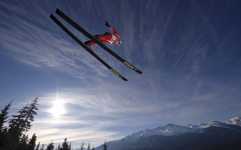overall, action, hd, snow, sunlight, man, red, 720P, skiing, sports, jump, ski, stop, skis, black