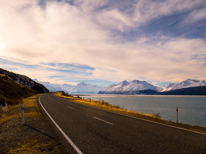 mt cook, clouds, the way forward, mountain roads, water, no people, road marking, landscape photography, fresh water, transportation, environment, snow