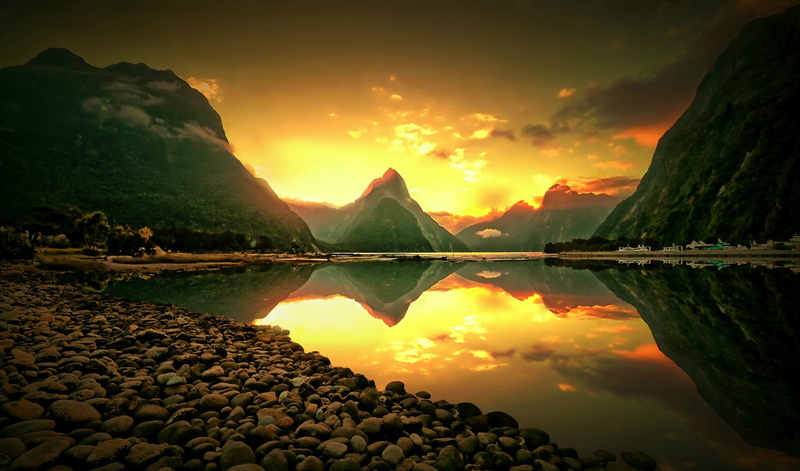 rocks, illustration, sunset, 1080P, river, no people, body, New Zealand, tranquil scene, nature, scenics - nature, reflection, solid, mountain range, rock - object
