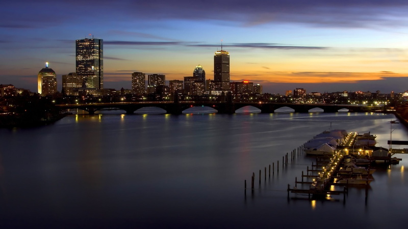 connection, bridge, skyscraper, modern, river, illuminated, outdoors, city, water, sky, Boston, architecture, office building exterior, sunset, cityscape
