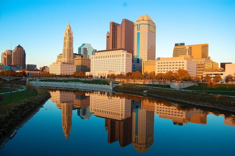 skyline, tall - high, building exterior, tower, built structure, water, 2K, modern, river, architecture, waterfront, sky, autumn, outdoors, columbus, lake