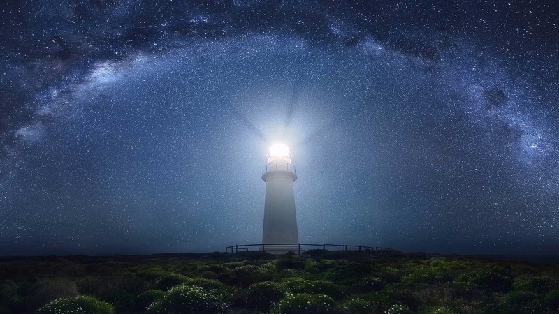 starry night, lighthouse, night sky, starry sky, milky way, 1080P, sky