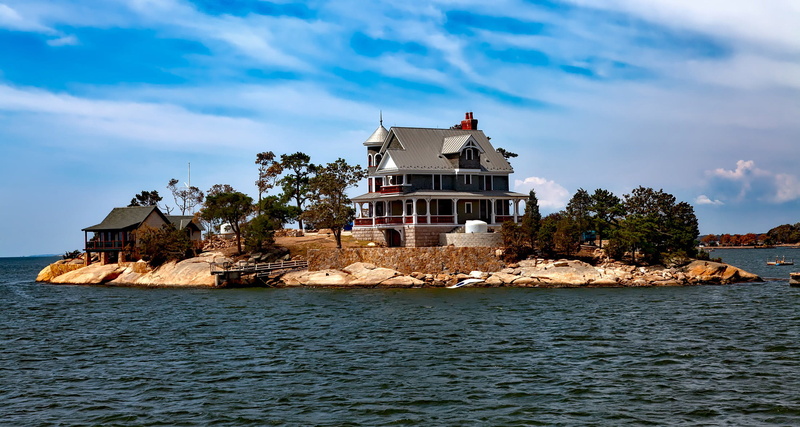 scenics - nature, sky, travel, river, Connecticut, built structure, house, architecture, cloud - sky, Houses, nature, landscape, sea, United States, land