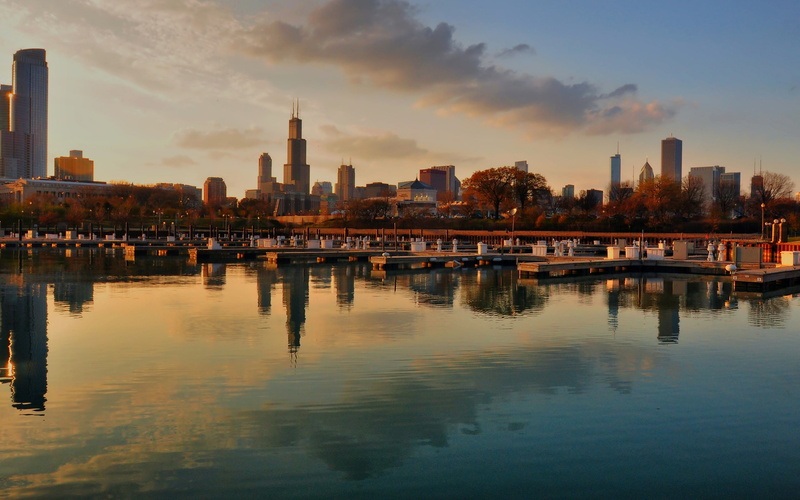Skyscrapers, Bay, City, Dock, Chicago, 2K, Evening, USA