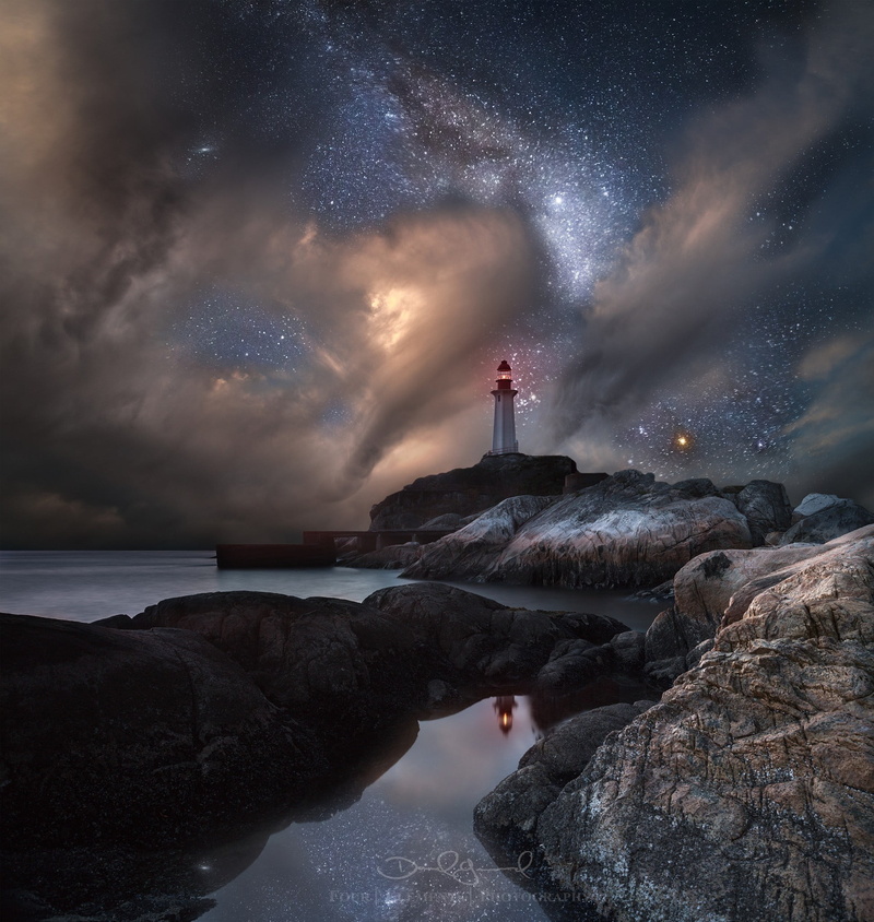 people, nature, guidance, scenics - nature, red, beauty in nature, astronomy, sea, beach, rock, land, milky way, lighthouse, night, outdoors, landscape