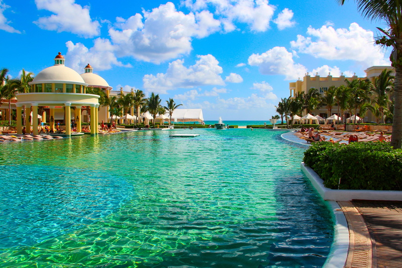 building exterior, cloud - sky, pool bar, hotel, tree, luxury, water, nature, swimming pool, turquoise water, day, riviera maya, tourist resort, tropics