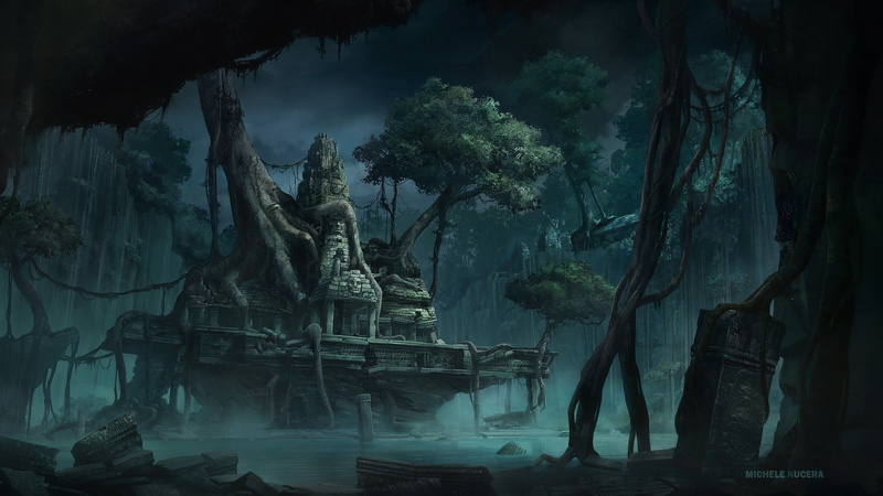 day, temple, spirituality, religion, Michele Nucera, tree, creativity, human representation, the past, fantasy art, male likeness, history, 1080P, place of worship