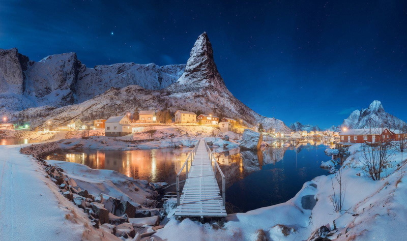 Norway, sky, 720P, no people, mountain, illuminated, night, hills, snow, cold temperature, beauty in nature, tranquility, water, snowcapped mountain, winter