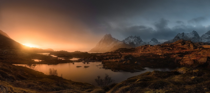 snowy peak, Norway, mountains, Lofoten Islands, 1080P, panoramas, clouds, pond, nature, shrubs, mist, landscape