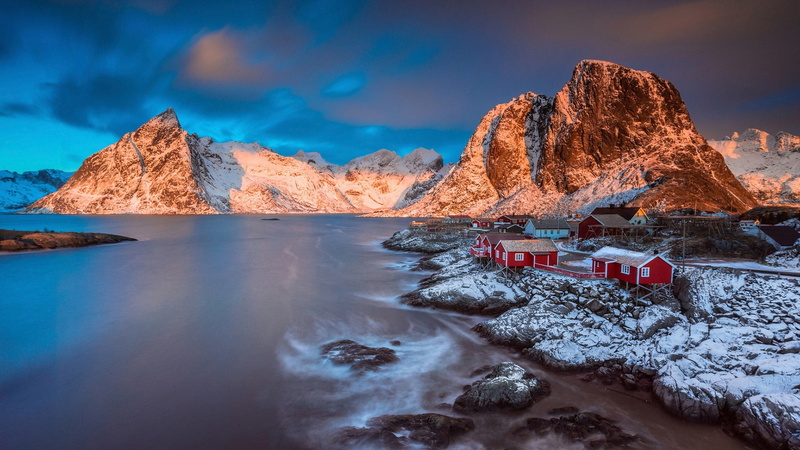 1080P, fishing village, cold temperature, wilderness, snowcapped mountain, dawn, winter, snow, landscape, hamnoy, sky, lofoten, water, tranquil scene