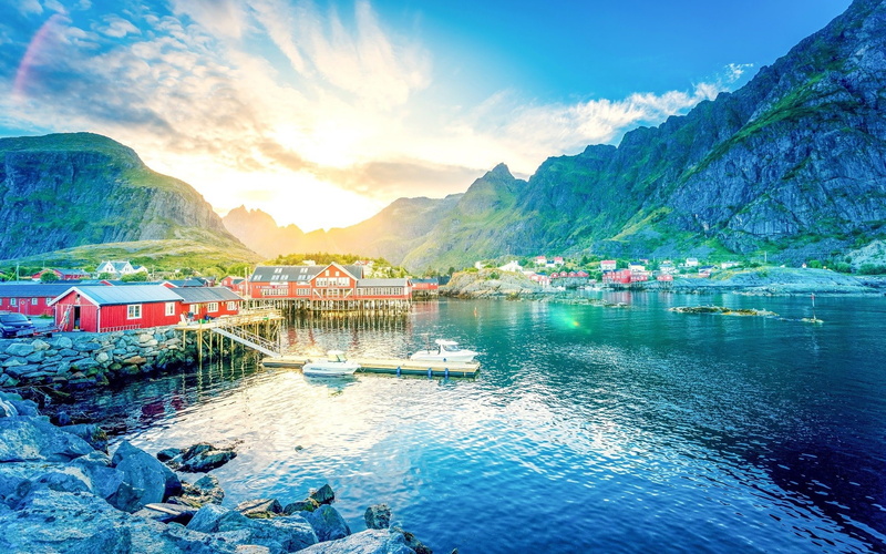 Lofoten, lake, 1080P, Norway, nature, dock, clouds, mountains