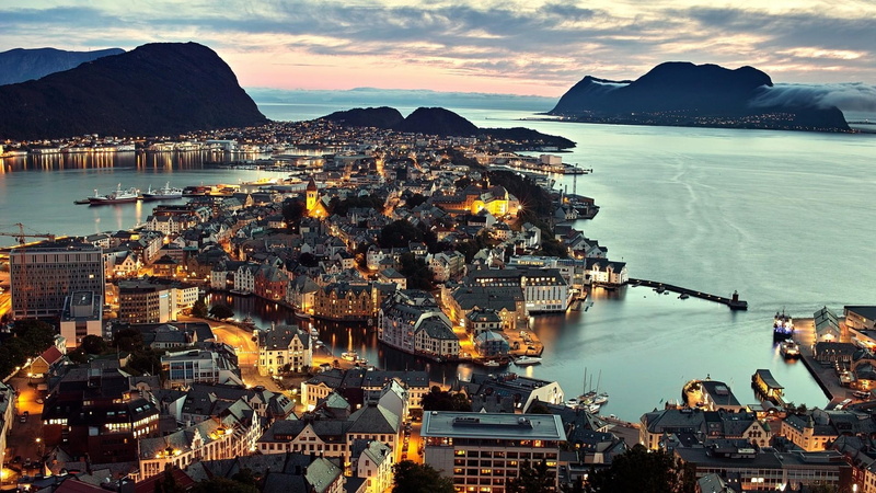 city, lights, Alesund, 1080P, sky, Norway
