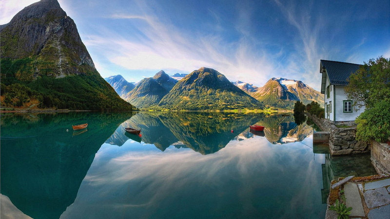 adventure, sky, holiday, amazing, 1080P, reflected, mountains, fjord, beautiful, lake, house, tourist, europe, norway, reflection, travel
