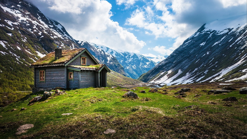 cabin, snowcapped mountain, nature, land, 2K, architecture, snow, building exterior, mountain, built structure, outdoors, sky, fjord, house, building