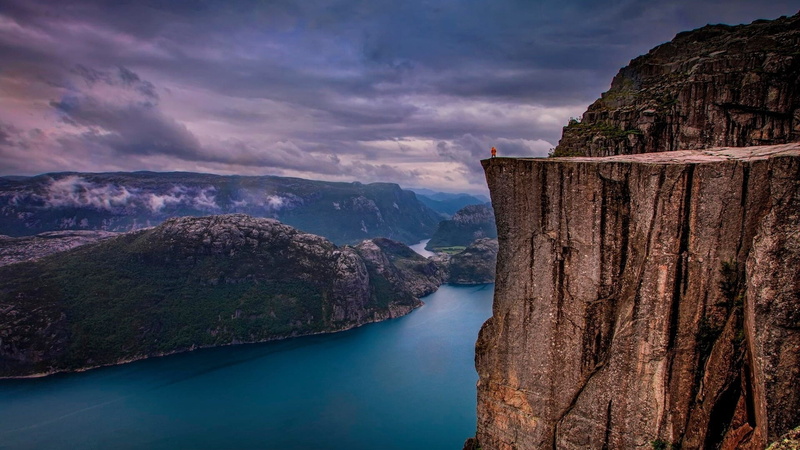 tranquility, 1080P, lake, tranquil scene, sky, water, solid, travel, cloud, travel destinations, no people, cliff, pulpit rock, rock formation, norway