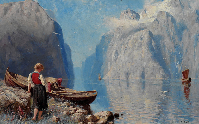 Norwegian painter, Norwegian fjord landscape, 2K, Norwegian artist, Hans Andreas Dahl, The Norwegian fjord landscape