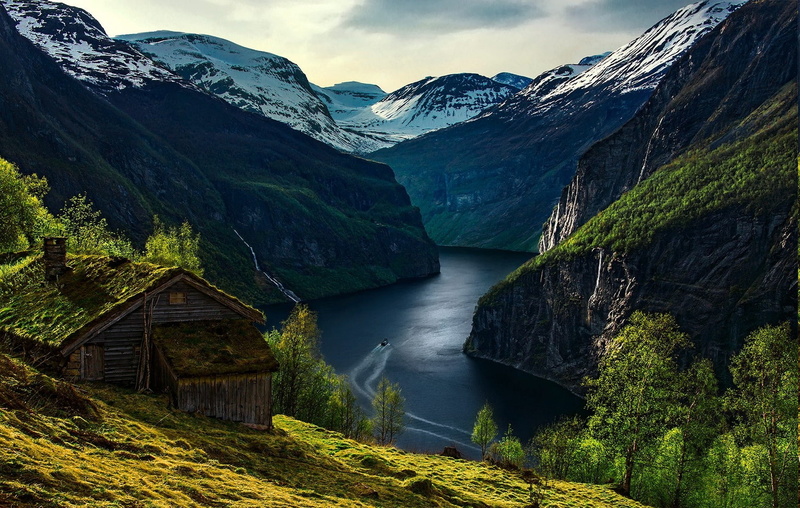 Snowy Peak, tranquility, nature, outdoors, mountain, lake, non-urban scene, mountain range, boat, cloud - sky, Cabin, tranquil scene, sky, day, grass, landscape