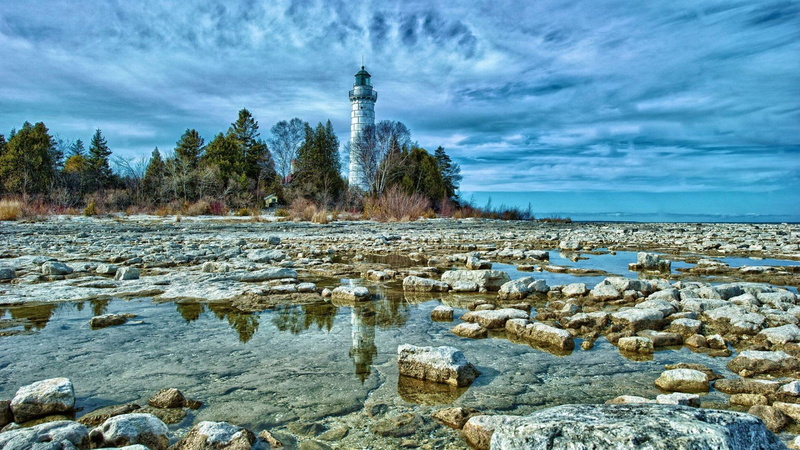nearby, lighthouse, animals, beach, 1080P, photography, gray, blue, sky, ocean, water, rocks, body, filled