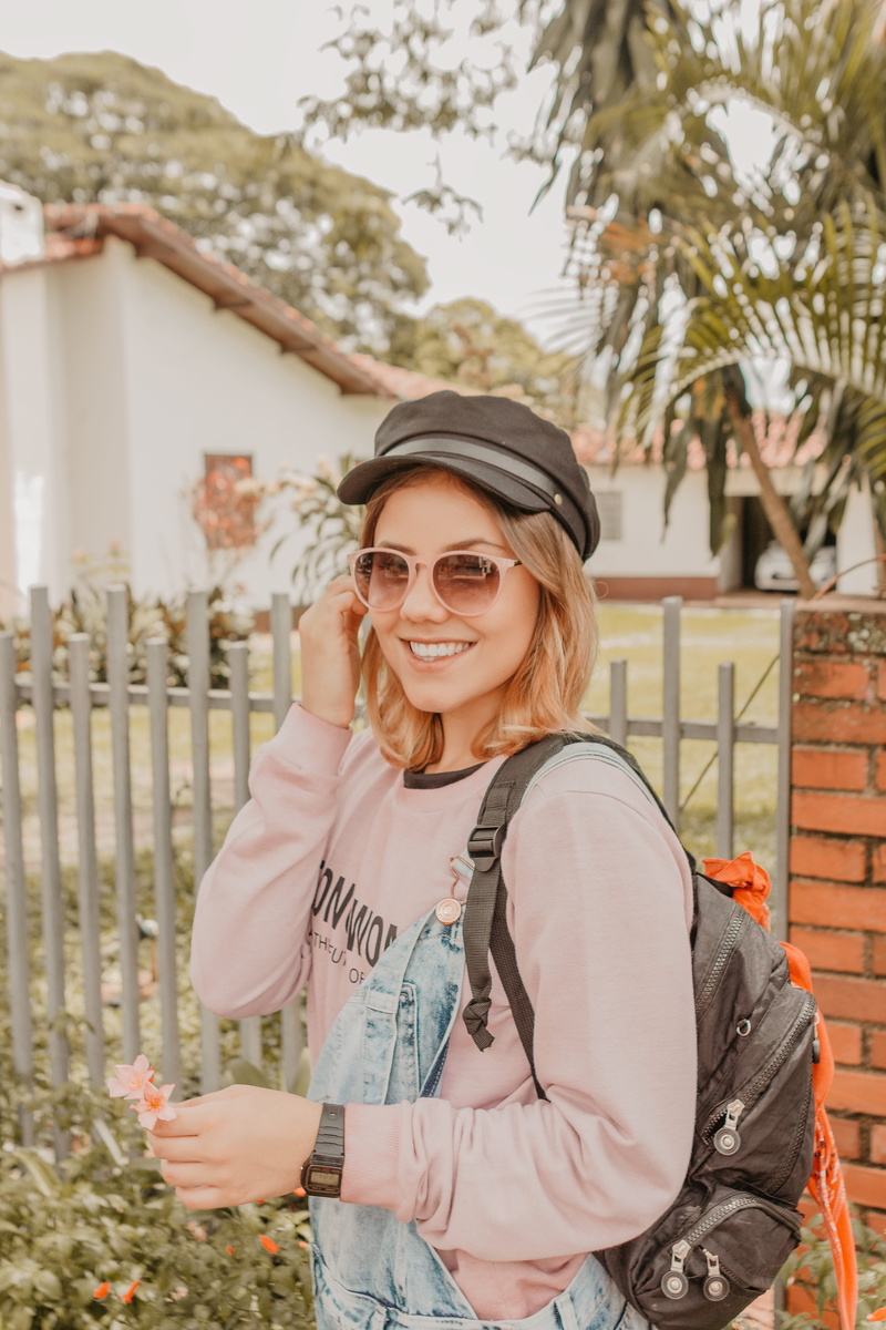 standing, beautiful woman, style, human, glasses, hat, outdoors, young adult, day, face, sunglasses, hairstyle, happiness, dungarees, 5K, woman, casual clothing