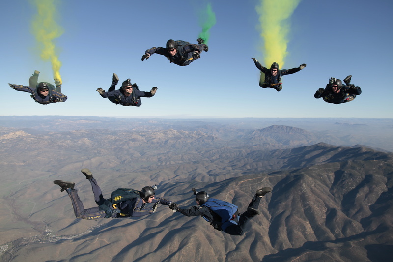 jumping, skydiving, real people, landscape, flying, falling, people, motion, extreme sports, group, 5K, scenics - nature, outdoors, performing, human arm