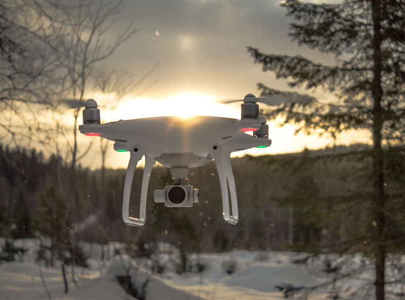 sunny, bare tree, multirotor, drone, snowy, outdoor, copter, plant, innovation, technology, sky, no people, aerial, camera, transportation, focus on foreground