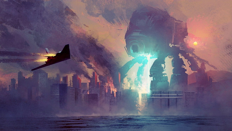 office building exterior, aircraft, fantasy art, technology, multiple exposure, no people, outdoors, built structure, air vehicle, sea, sky, robot, building exterior