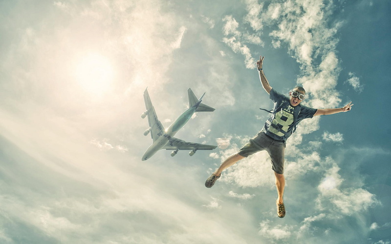 man, skydiver, human body part, excitement, flying, t, low angle view, Sun, sunlight, shorts, wearing, limb, digital composite, skydiving, shirt, body part