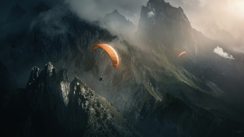 landscape, nature, skydiver, hills, 1080P