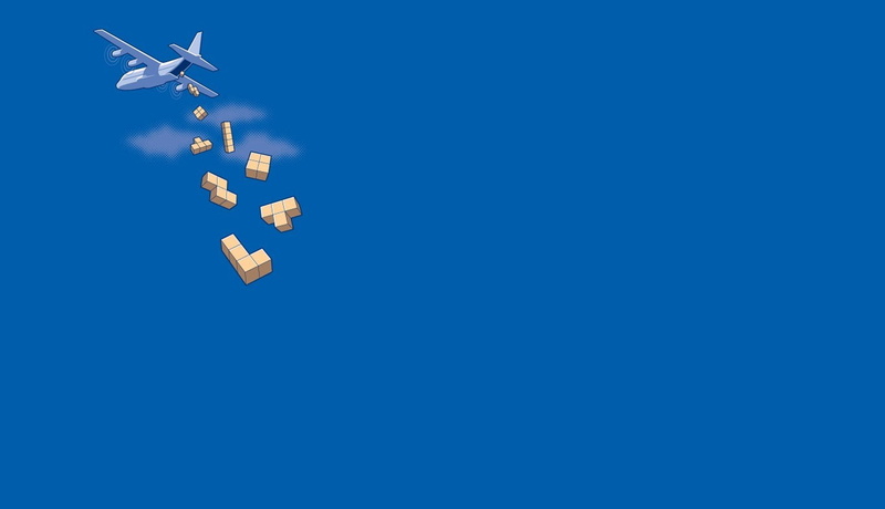 currency, falling, sky, Tetris, 3D, no people, large group of objects, finance, technology, blue, creativity, mid-air, blue background, clear sky, airplane