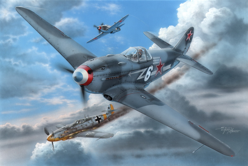 fighter-monoplane, Normandie-Niemen, The Yak-3, The great Patriotic war, Bf.109G-6, The second World war, art, piston fighter, 5K