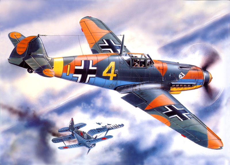 mode of transportation, sky, Bf - 109 F4, flying, andquot;the Seagullandquot;, the sky, orange, monoplane, outdoors, low angle view, nature, illustration