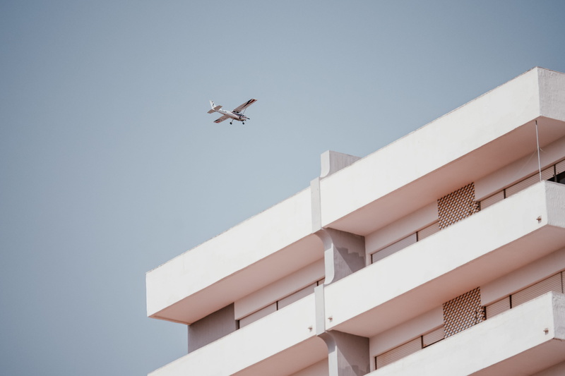 passing, technology, monoplane, panatone, blue, pink, sky, building, thru, 4K, air Vehicle, business, brutalistic, wing, aircraft, airport, outdoors, plane