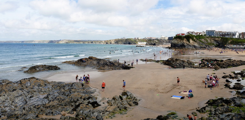ocean, scenery, rocks, holiday, vacation, north, coastline, coast, land, scenic, cornish, uk, 4K, shore, british, Newquay, sky, white, sand, large group of people