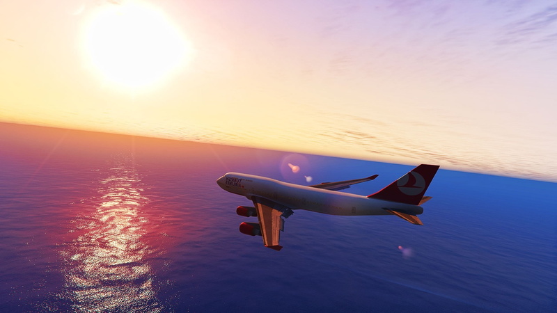 airplane, sunlight, Grand Theft Auto V, scenics - nature, sun, sky, Turkish Airlines, video games, transportation, sunset, outdoors, nature, mode of transportation