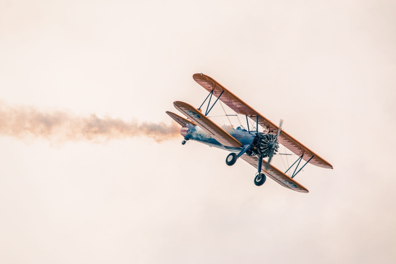 airshow, copy space, boeing stearman pt-13d, brown, blue, double decker, air vehicle, propeller, flugshow, sky, vintage aircraft, fly, machinery, drone