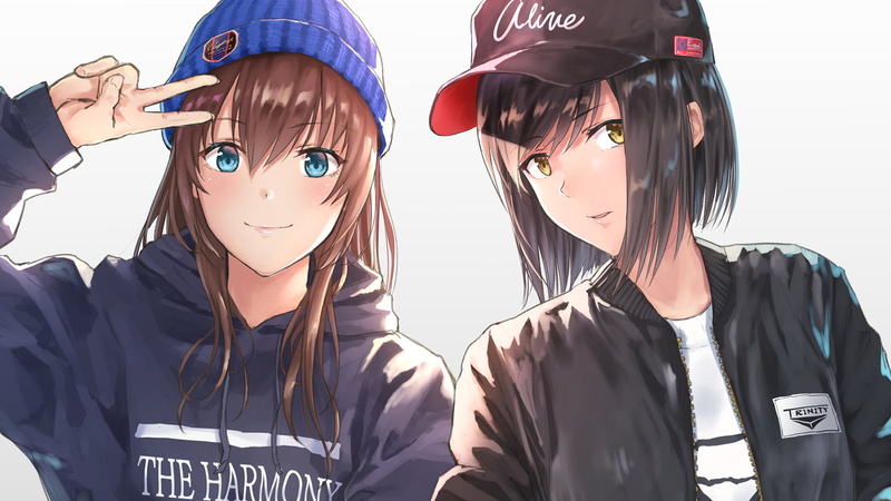 anime girls, Streetwear, brunette, blue eyes, 1080P, yellow eyes, black hair